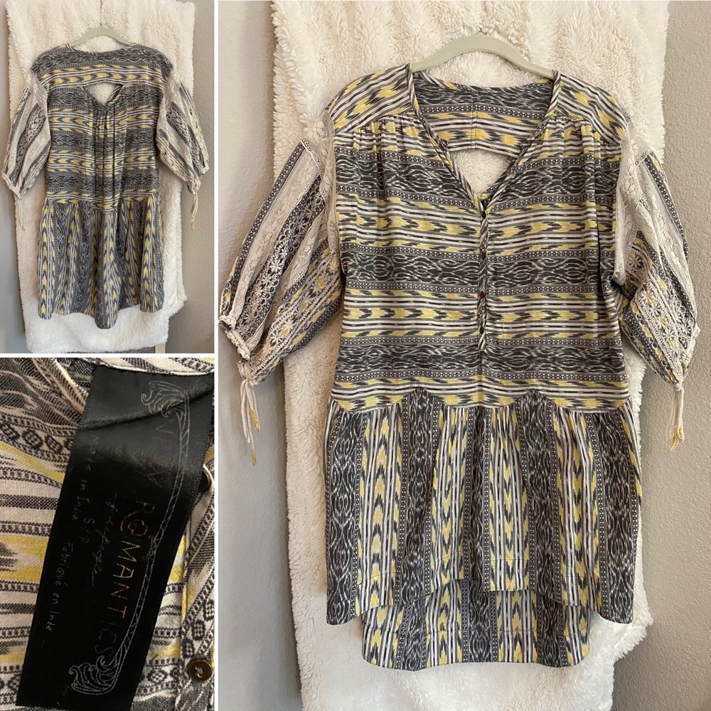 FREE PEOPLE Romantics Black White Yellow Ikat Tunic